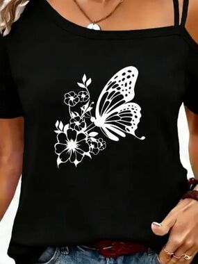 Black Cold-Shoulder Butterfly Floral Tee